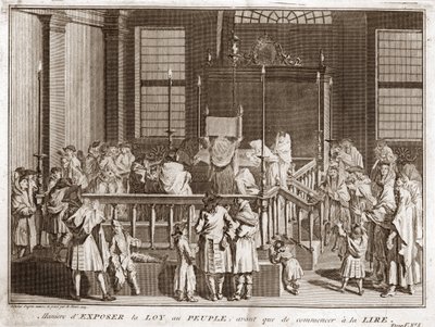 Judaism: display of the Torah at a Synagogue before the reading Engraving from Illustration de ceremonies et customs religieuses de tous les peuples du monde by Bernard Picart (1723-1743) 1819 Private collection by Bernard Picart