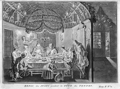Judaism: meal for the Jewish people during Sukkot feast of the tabernacles or booths) Engraving from Illustration of ceremonies and customs religious of all peoples of the world by Bernard Picart by Bernard Picart