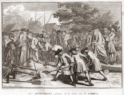 Judaism: The Assistants Throw Earth on the Body During the Funeral. Engraving from 