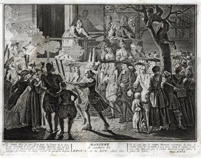 Judaism: the way of leading the spouses of the Law home - a representation of the procession by which the community honoured, at the feast of Simhat Torah, those who had been chosen, one to bless the reading of the last passage of the Torah and the other t by Bernard Picart
