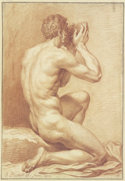 Kneeling Male Nude, Drinking from a Bowl by Bernard Picart