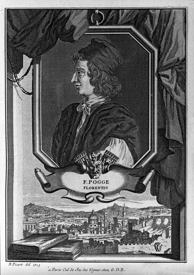 Portrait of Giovanni Francesco Poggio Bracciolini, called The Pogge or The Pogge Florentine (1380-1459), Italian humanist, engraving by Bernard Picart, Paris by Bernard Picart
