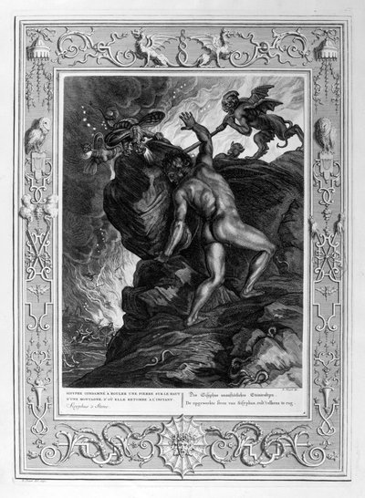 Sisyphus pushing his stone up a mountain by Bernard Picart