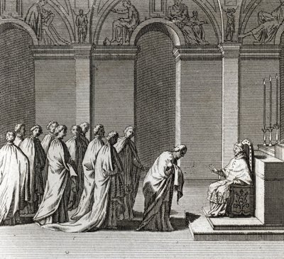 Solemn Inauguration of the Pontificate: The Adoration of the Pope in the Sistine Chapel (Papal Inauguration: Worshiping of the Pope in the Sistine Chapel) Engraving from Illustration of Ceremonies and Religious Customs of All Peoples of the World by Bernard Picart
