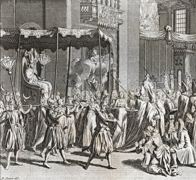 Solemn Inauguration of the Pontificate: the burning of a cloth Engraving from Illustration de ceremonies et customs religieuses de tous les peuples du monde by Bernard Picart (1723-1743) 1819 Private collection by Bernard Picart