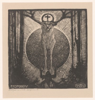 Kneeling Figure Before the Appearance of a Deer (The Vision of St. Hubertus) by Bernard Willem Wierink (signed by artist)