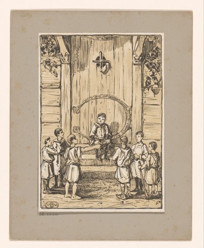 Boys in front of a wooden door by Bernard Willem Wierink