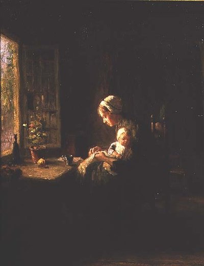 Mother and Child in an interior by a window by Bernard de Hoog