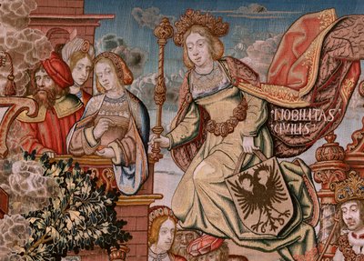 Flemish tapestry. Series The Honours; Nobility. Fourth tapestry in the series. Model Cartoonists from the circle of Bernard van Orley and Jan Gossaert. Manufacture Pieter van Aelst, Brussels. Ca 1550 by Bernard van Orley