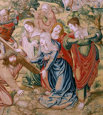 Flemish Tapestry. Series The Passion of Christ. Fall on the Way to Calvary. Second Tapestry in the Series. Models Cartoonist Bernard van Orley. Manufacture Pieter de Pannemaker, Brussels. Ca 1518-1523. Fabric Gold, Silver. by Bernard van Orley