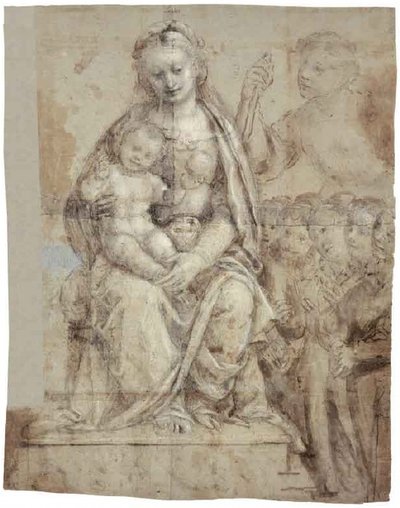 Madonna and Child, a Warrior Saint (Michael?), and a Group of Worshippers by Bernardino Lanino