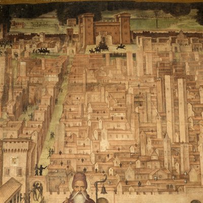 St Anthony and View of Pavia, Detail from Stories of St Theodore Cycle, Frescoes by Bernardino Lanzani, St Theodore