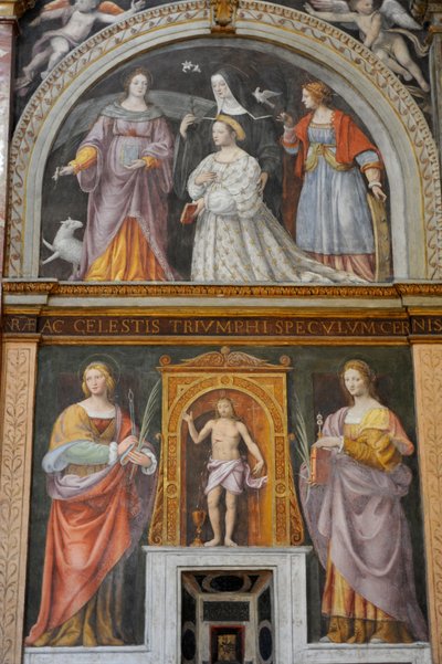 Saint Apollonia and Saint Lucy, at the top, Ippolita Sforza surrounded by saints and nuns by Bernardino Luini