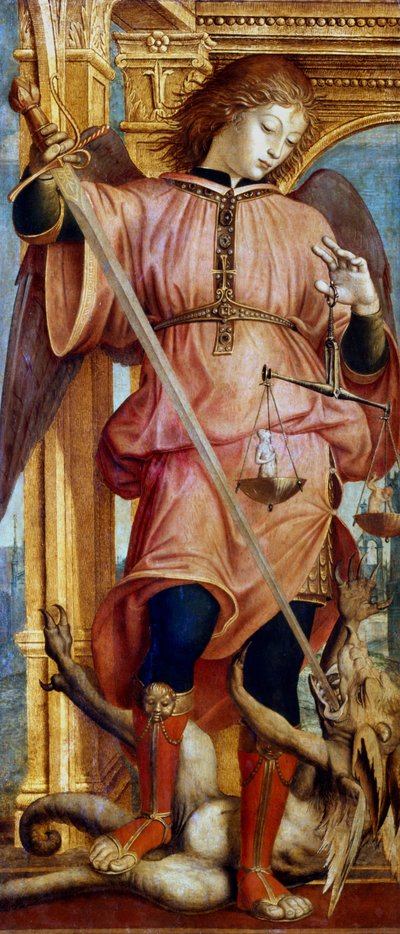 St Michael the Archangel Fighting a Dragon with a Sword by Bernardino Zenale