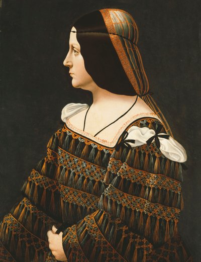 Portrait of a Lady, Half Length, in Profile, in a Black Dress Decorated with Lace, with Pendant Tassels and Slashed Shoulders and an Orange and Grey Snood by Bernardino de Conti