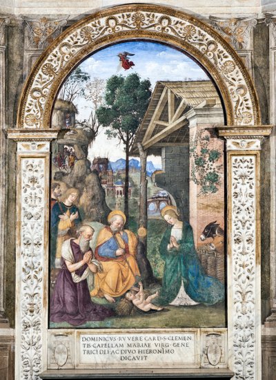 Adoration of the Shepherds Fresco by Pinturicchio (Bernardino di Betto) (1454-1513) 1484-1492 Basilica di Santa Maria del Popolo (Church of Santa Maria del Popolo), Cappella Basso della Rovere Rome Italy by Bernardino di Betto Pinturicchio
