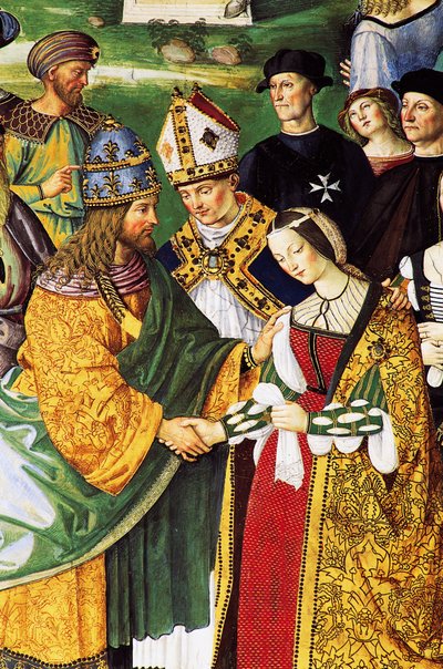 Aeneas Sylvius, Bishop of Siena, presenting Emperor Frederick III with his future wife Eleanor of Aragon by Bernardino di Betto Pinturicchio