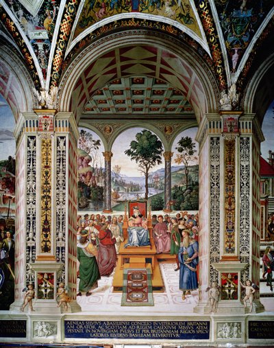 Aeneas Sylvius Piccolomini (1405-64) Delivers an Oration before King James I of Scotland (1394-1437) in 1435 by Bernardino di Betto Pinturicchio