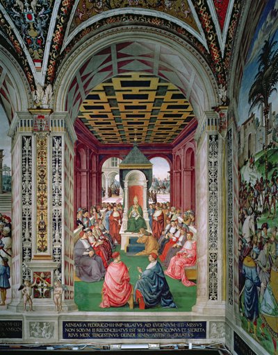 Aeneas Sylvius Piccolomini Makes an Act of Submission to Pope Eugenius IV by Bernardino di Betto Pinturicchio