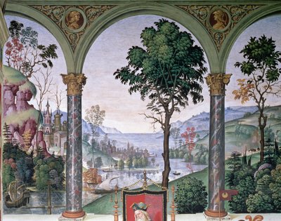 Background landscape seen through the loggia, (detail) by Bernardino di Betto Pinturicchio