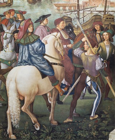 Enea Silvio Piccolomini departing for Basel in the capacity of secretary of the Bishop of Ferrara, (detail) from the Stories of Pius II by Bernardino di Betto Pinturicchio