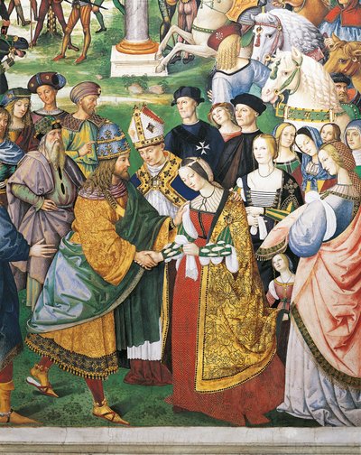 Enea Silvio Piccolomini attending coronation of Frederick III and Eleanor of Aragon, detail from Stories of Pius II, Piccolomini Library, Siena Cathedral, Italy by Bernardino di Betto Pinturicchio