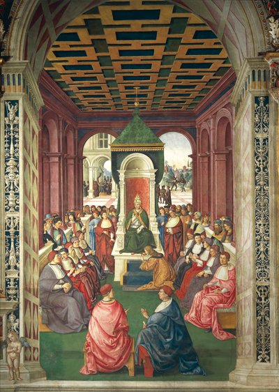 Enea Silvio Piccolomini in act of submission to Pope Eugenius IV (detail) by Bernardino di Betto Pinturicchio