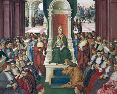 Enea Silvio Piccolomini in act of submission to Pope Eugenius IV, detail from Stories of Pius II, Piccolomini Library, Siena Cathedral, Italy by Bernardino di Betto Pinturicchio
