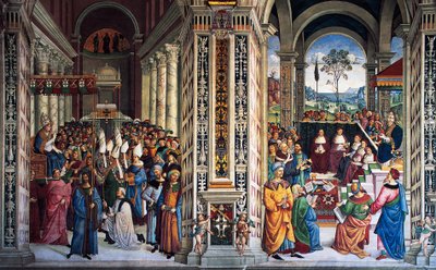 Pius II arriving in Ancona to start crusade, fresco by Pinturicchio, Piccolomini Library, Cathedral of Siena, Italy by Bernardino di Betto Pinturicchio