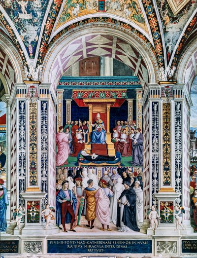 The Piccolomini Library, south west wall: Pius II canonizes St. Catherine of Siena, June 29 by Bernardino di Betto Pinturicchio