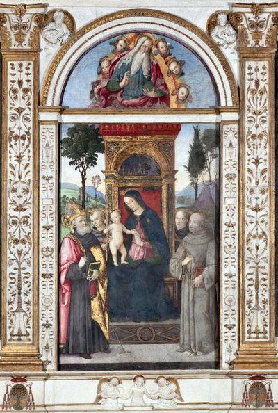 Virgin with child and St Augustine, St Francis and St Anthony of Padua - Fresco by Pinturicchio (Bernardino di Betto) (1454-1513) 1484-1492 Rome, Basilica di Santa Maria del Popolo (Church of Santa Maria del Popolo), Chapel Basso della Rovere Italy by Bernardino di Betto Pinturicchio