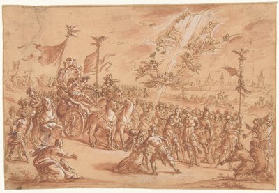 A Holy Bishop Kneeling Beside the Procession of a Roman Emperor by Bernardo Castello (attributed to)
