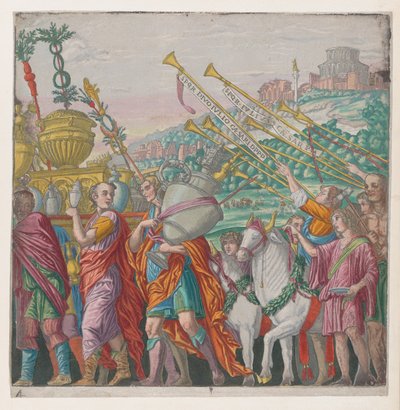 Sheet 4: Men carrying trophies at left, trumpeters at right, from The Triumph of Julius Caesar, 1599 by Bernardo Malpizzi