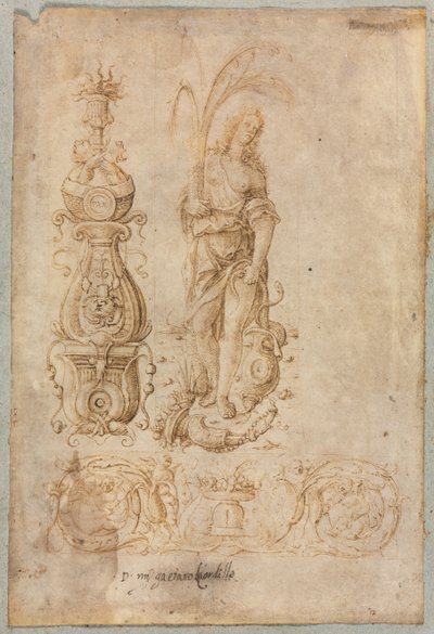 Design for a Candelabrum, Allegorical Figure of Abundance, Ornamental Relief Design by Bernardo Parentino