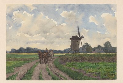 Landscape with Mill and Wagon in Vorden by Bernardus Bueninck (signed by artist)