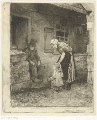Woman with Small Child Standing by Seated Old Man in Front of Workers