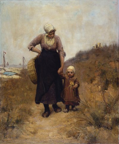 Mother and Child on a Path by the Sea by Bernardus Johannes Blommers or Bloomers