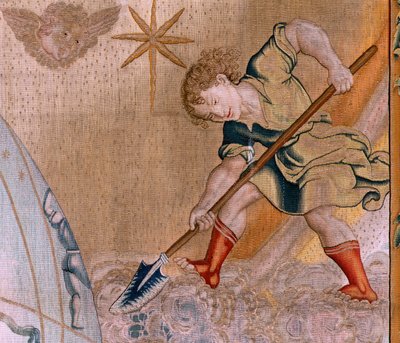 Flemish tapestry. Series The Spheres. Hercules supporting the celestial sphere. First tapestry in the series. Model Barend van Orley or Pieter Coecke van Aelst. 1525-1530. Manufacture Joris Vezeleer by Bernart van (attr. to) Orley