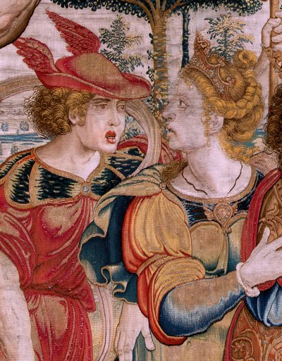 Flemish tapestry. Series The Spheres. Hercules supporting the celestial sphere. First tapestry in the series. Model Barend van Orley or Pieter Coecke van Aelst. 1525-1530. Manufacture Joris Vezeleer by Bernart van (attr. to) Orley