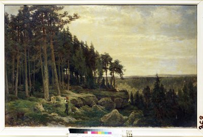 A woodcutter and a hunter in a forest landscape by Berndt Lindholm