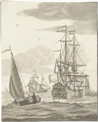 Warship and Three Sailing Ships on the Open Sea by Bernhard Schreuder