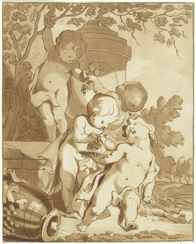 Four Putti Picking Grapes by a Vase by Bernhard Schreuder