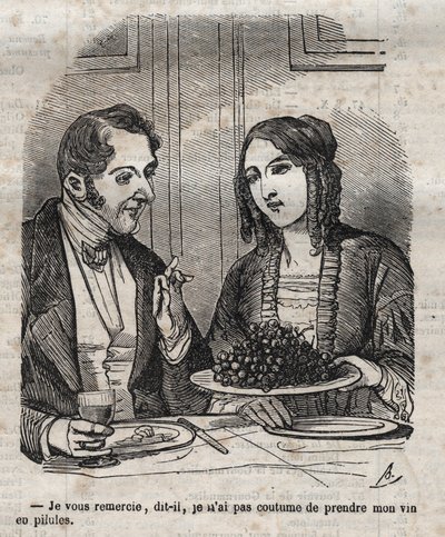 Thank you, I am not used to take my wine in pills (grape) - engraving in 