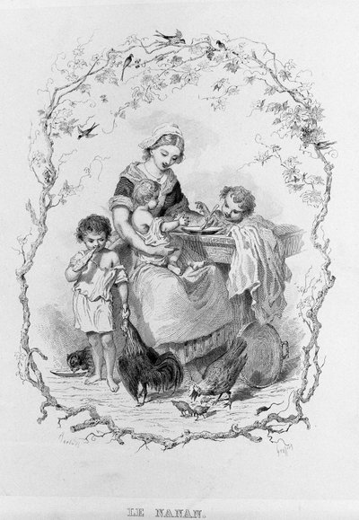 The Nanny: A Young Mother Feeds Her Three Children in "La Physiologie du Goût" by Brillat-Savarin Illustrated by Bertal. Paris 1840. Jean Anthelme Brillat-Savarin (1755-1826) French Gastronome by Bertall