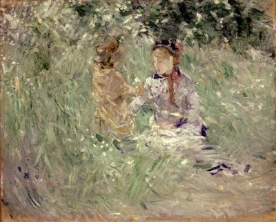Woman and Child in a Meadow at Bougival by Berthe Morisot