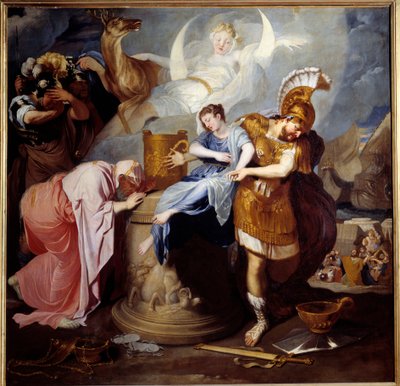 The sacrifice of Iphigenia. King Agamemnon sacrifices his daughter to appease Artemis