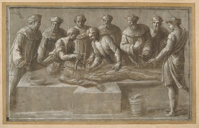 Six professors of anatomy, dissecting a flayed male corpse by Biagio Pupini