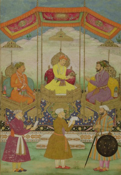 Mughal Emperor Akbar (c.1605) Symbolically Passing the Crown from His Son Jahangir to his Grandson Shah Jahan (1627-1658) c.1630 by Bichtir