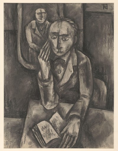 Man Sitting at a Table with an Open Book by Bob Hanf (signed by artist)