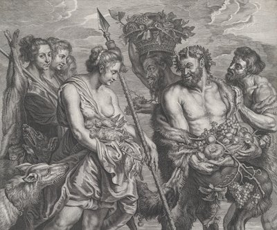 Diana Returning from the Chase, accompanied by dogs and her nymphs at left, two satyrs, ca. 1640-59 by Boetius Adams Bolswert